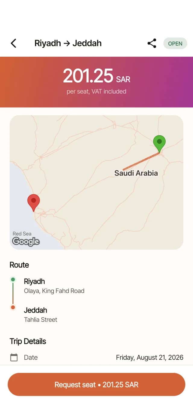 The Diz app showing a trip, its route and its seat price