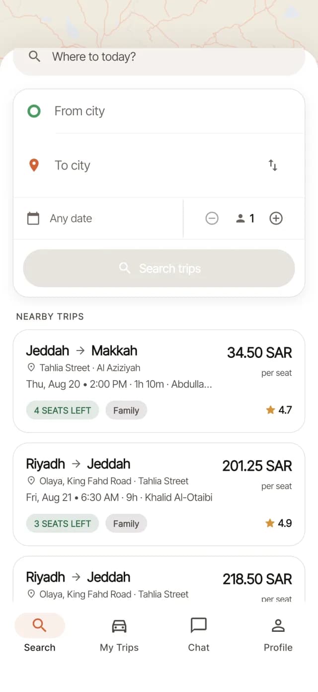 The Diz app showing intercity trips with seat prices